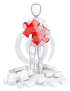 3D Humanoid robot with a red puzzle piece. Find the solution photo