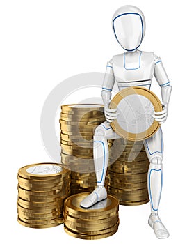3D Humanoid robot sitting on a pile of euro coins photo