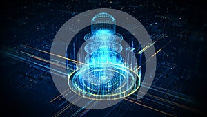 3D futuristic hologram of quantum computing processor with digital data circuits, ideal for AI, tech, and innovation themes. 3D