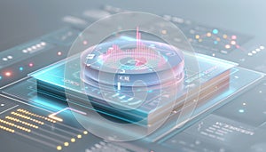 A 3D futuristic interface displaying holographic data analysis and search results