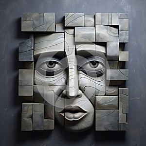 3d Geometric Abstract Sculpture A Man\'s Face In Stone And Concrete photo