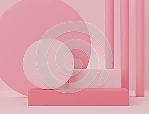 3d geometric form. Box podium in coral pink color. Fashion show stage,pedestal, shopfront with colorful theme. Minimal scene for