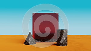 3d geometric podium with glass frame on sand dune.Abstract surreal desert landscape scene background.3d rendering illustration