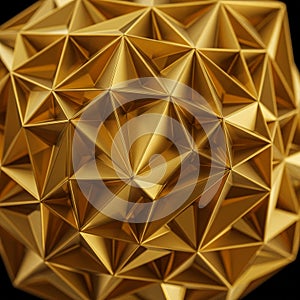 A 3D geometric sculpture composed of interconnected gold-colored triangular