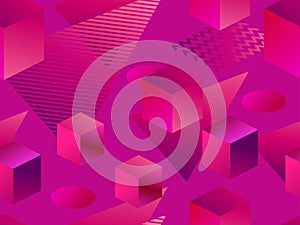 3d geometric shape seamless pattern in 80s style. Red gradient color. Isometric three-dimensional geometric shapes for printing on