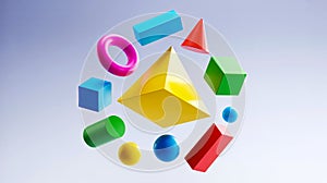 3D geometric shapes floating dynamically on smooth light gray background