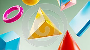 3D geometric shapes floating dynamically on smooth light gray background