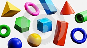 3D geometric shapes floating dynamically on smooth light gray background