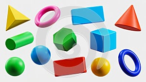 3D geometric shapes floating dynamically on smooth light gray background