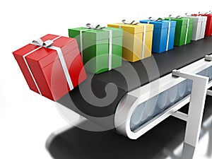 3d Gift boxes on conveyor belt.