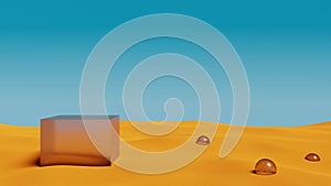 3d glass geometric podium on sand dune.Abstract surreal desert landscape scene background.3d rendering illustration