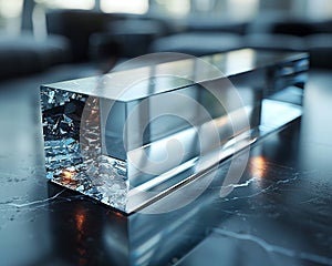 A 3D glass logo with a sleek photo