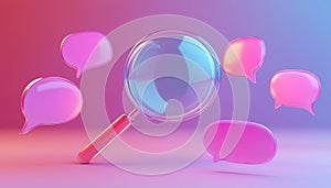 3d Glass Magnifier Notification With Bubble Speech Floating Around