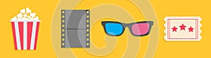 3D glasses, ticket, popcorn, film. Movie cinema icon set line. Flat design style. Yellow background Isolated