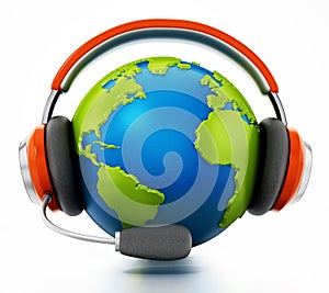 3D globe with headphones and microphone isolated on white background. 3D illustration