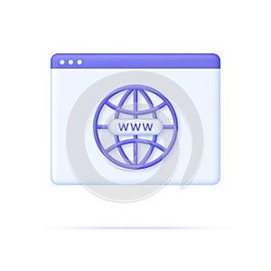 3D Globe hyperlink icon. Search WWW sign. Web hosting technology. Browser search website page