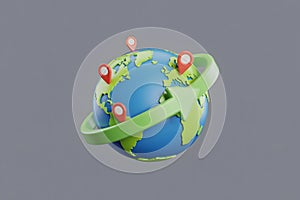 3D Globe with Location Pins and Travel Arrow on Gray Background