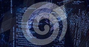 3D globe rotating in virtual interface, with grid mesh, floating code and data streams