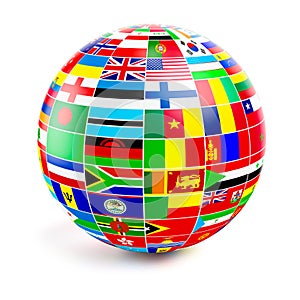 3d globe sphere with flags of the world on white