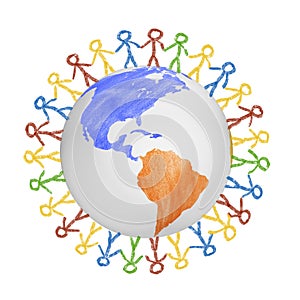 3D Globe with the view on america with drawn people holding hands. Concept for friendship, globalization, communication photo