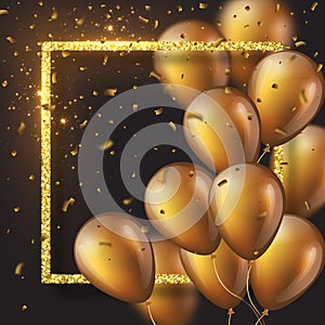 3D glossy golden ballons with frame and confetti.