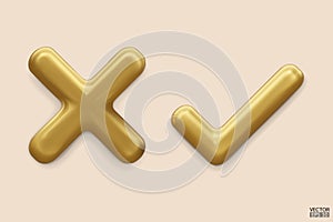 3D gold Checkmark and X mark icon. Checkmark right symbol, tick sign. check and uncheck for web and mobile apps. 3D vector