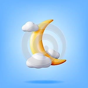 3D Gold Crescent Moon in Clouds
