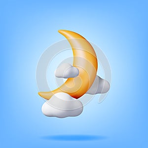 3D Gold Crescent Moon in Clouds