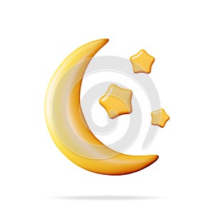 3D Gold Crescent Moon with Stars