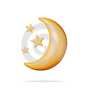 3D Gold Crescent Moon with Stars