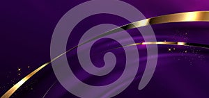3D gold curved dark and gold ribbon on purple background with lighting effec and space for text. Luxury design style