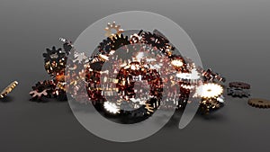 3d gold gears fall on black bg 3d