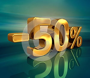 3d Gold -50%, Minus Fifty Percent Discount Sign