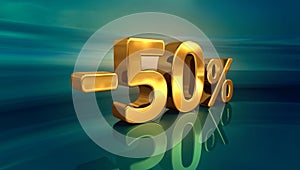 3d Gold -50%, Minus Fifty Percent Discount Sign