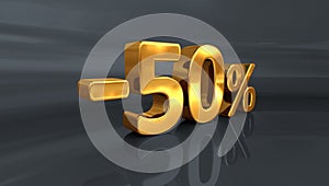 3d Gold -50%, Minus Fifty Percent Discount Sign
