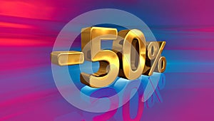 3d Gold -50%, Minus Fifty Percent Discount Sign