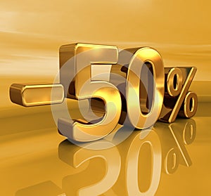 3d Gold -50%, Minus Fifty Percent Discount Sign