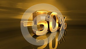 3d Gold -50%, Minus Fifty Percent Discount Sign