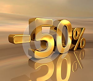 3d Gold -50%, Minus Fifty Percent Discount Sign