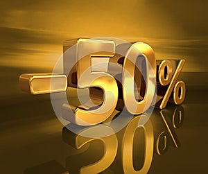 3d Gold -50%, Minus Fifty Percent Discount Sign