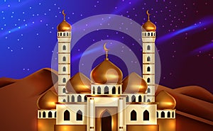 3D golden dome mosque at desert night sky view. Illustration for islamic event. Holy fasting month, ramadan
