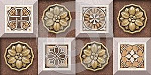 3D Golden flower wall tiles design, Print in Ceramic Industries Beautiful. photo