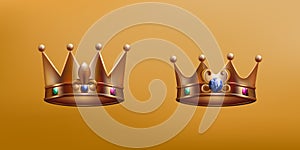 3D golden king and queen crown. Gems on monarchy cape. Antique prince or princess coronation in kingdom. Imperial photo