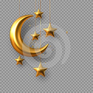 3d golden reflective crescent moons and stars. photo