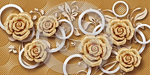 3D Golden rose flower wallpaper background, High quality circles rendering decorative photomural. photo