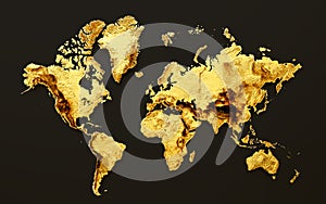 3d Golden Shiny World Map Golden Metal Hypsometric Map On Black Background, 3d illustration