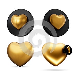 3d Golden Social Media Love Hearts Symbols With Rounded Black Icons One Notification 3d Illustration