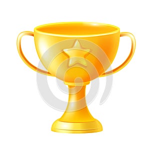 3D golden trophy icon, vector winner trofeo, game UI victory cup, first place celebrate goblet. photo
