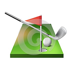 3d golf course with club, ball and red flag in hole isolated on white background, vector illustration.