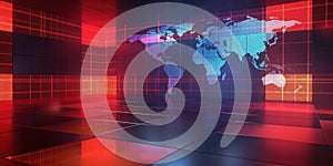 3D graphical abstract background with empty studio space, world map. Modern technical illustration of communication, connection.